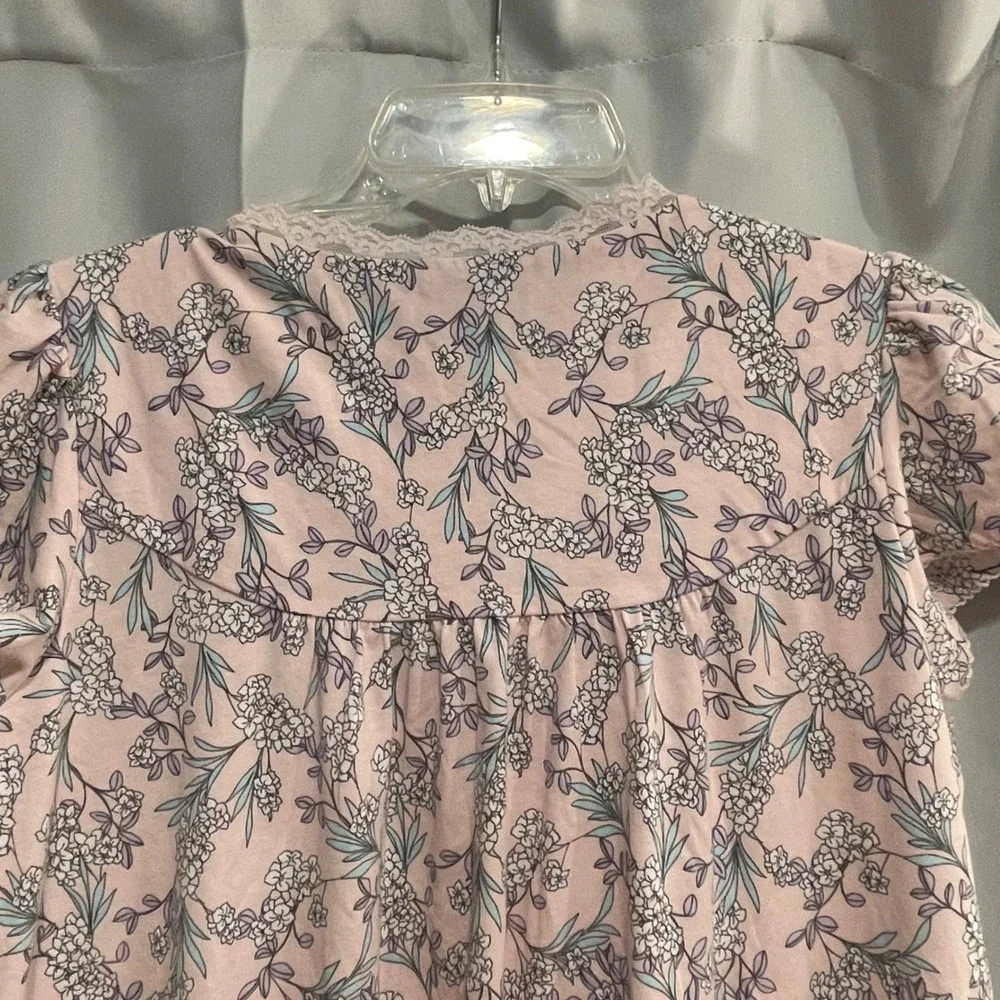 Miss Elaine Womens Pink Floral Lace Trim Short Sleeve Nightgown Sleep Dress Med
